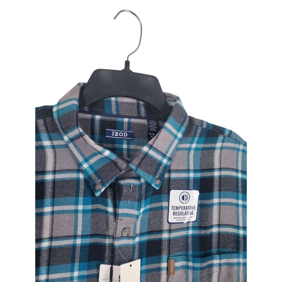 IZOD Shirt Mens XL Blue Gray Flannel Plaid Button LS Quick Dry Wicking NWT - Picture 7 of 11